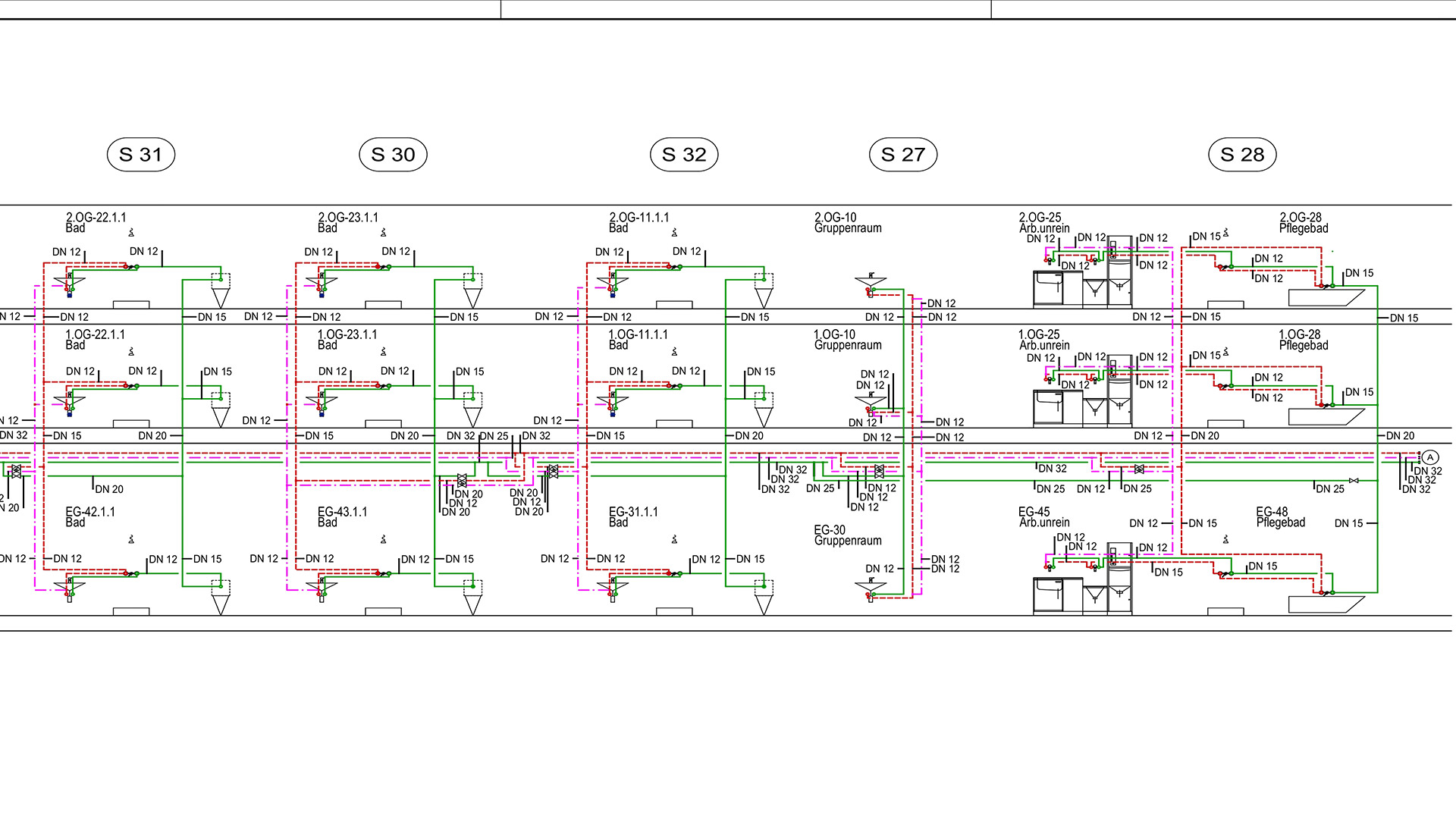 Strangschema der Trinkwasserinstallation für mehrere Bäder