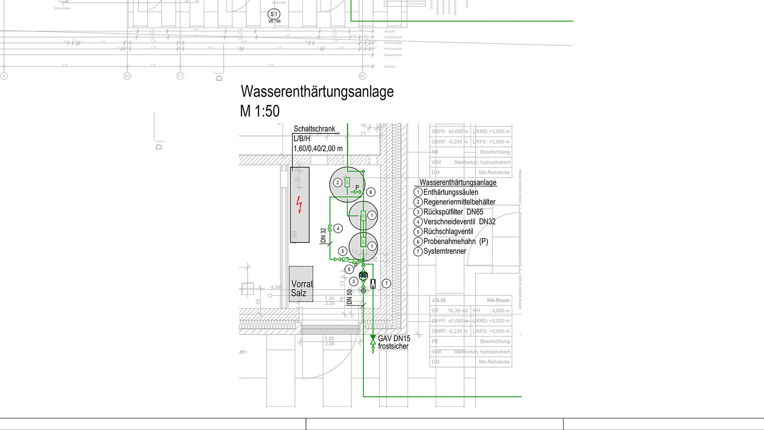 Technische Zeichnung einer Wasserenthärtungsanlage mit Bauteilliste