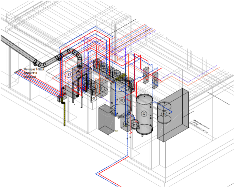 3D-Modell einer Heizungsanlage mit Speichern und Rohrleitungen